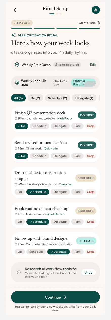 Ease weekly brain dump with tasks organized into Do, Schedule, Delegate, and Park