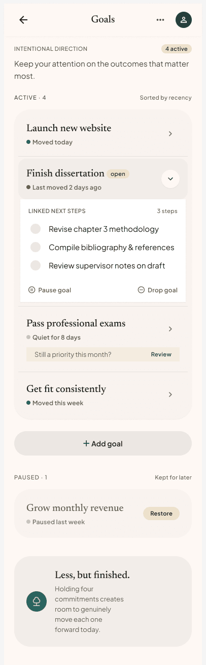 Ease Goals screen connecting Finish dissertation to three next steps and showing active and paused goals