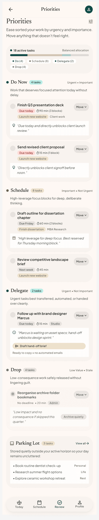 Ease Priorities screen showing urgency and importance with Do Now, Schedule, Delegate, Drop, and Parking Lot sections